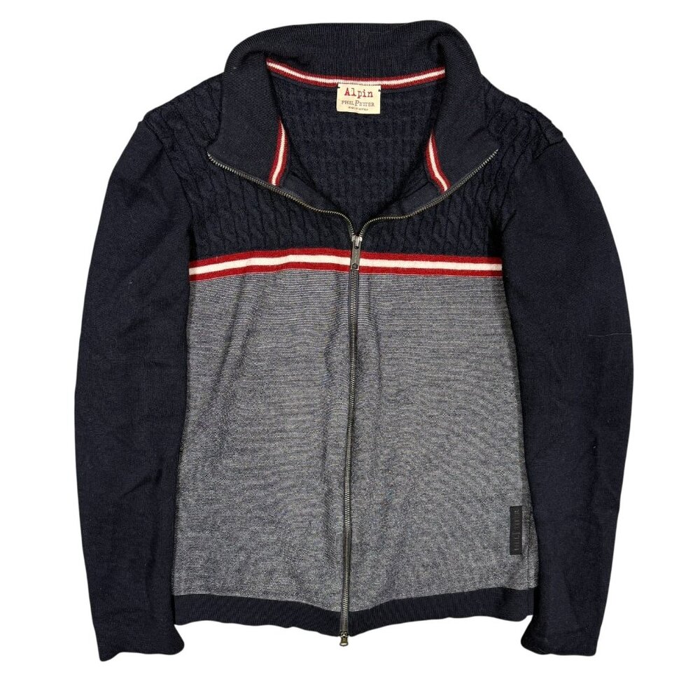 Phil Petter Alpin Merino Wool Zip Up Knit Sweater Heavyweight Grey/Blue Medium